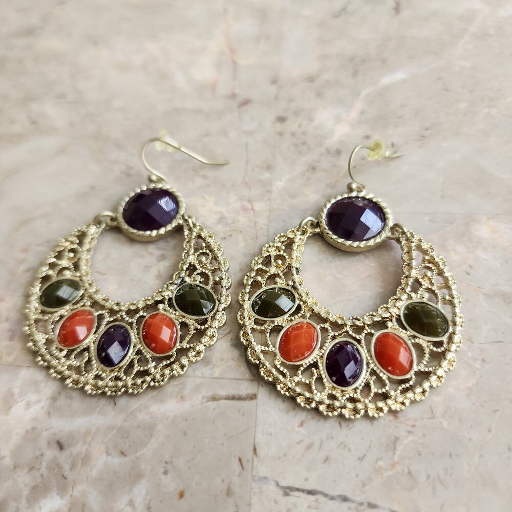 Stony Vintage Gold Tone Filigree Multi-Colored Stone Door Knocker Style Earrings